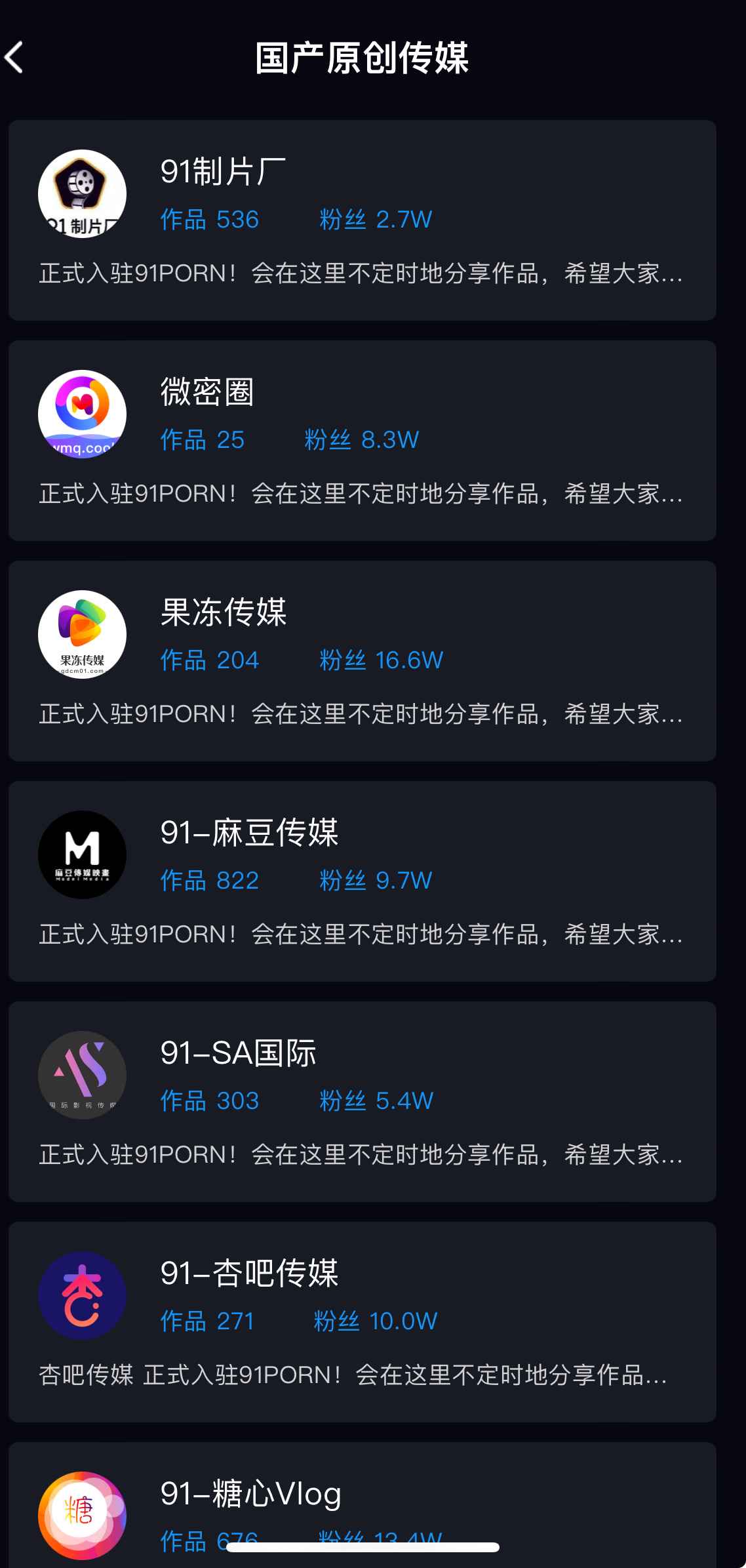 91PORN传媒国产原创传媒品牌列表界面